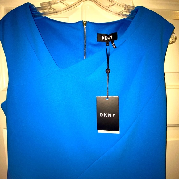 New DKNY Blue Fitted Sheath Dress Gold Back Zip Small Knee Length Sleeveless - Picture 3 of 6